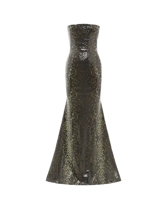 Strapless Leopard-Print Sequined Longline Trumpet Gown