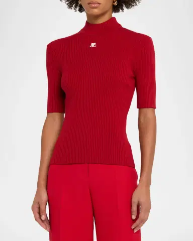 Courrèges Mock-Neck Short-Sleeve Rib Pullover | Thumbnail 4