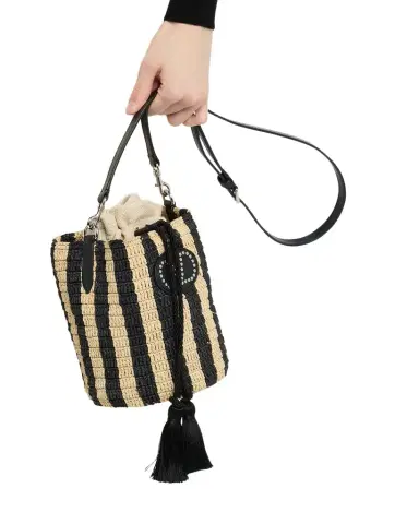 Valentino Garavani Small Striped Viscose Raffia Bucket Bag | Thumbnail 1 Valentino Garavani Small Striped Viscose Raffia Bucket Bag | Thumbnail 1