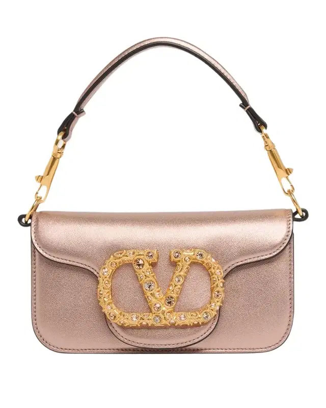 Valentino Garavani Small Crystal VLogo Metallic Leather Top-Handle Bag
