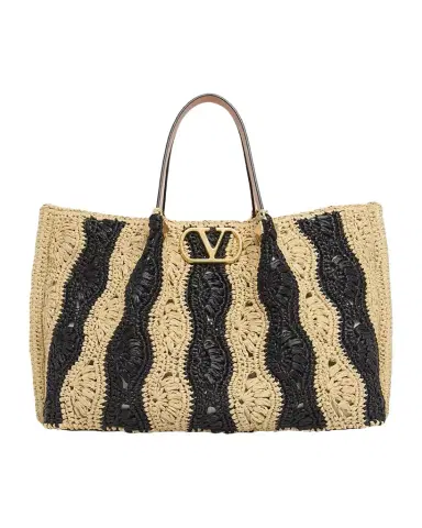 Valentino Garavani Medium Wavy Striped Viscose Raffia Tote Bag | Thumbnail 1 Valentino Garavani Medium Wavy Striped Viscose Raffia Tote Bag | Thumbnail 1