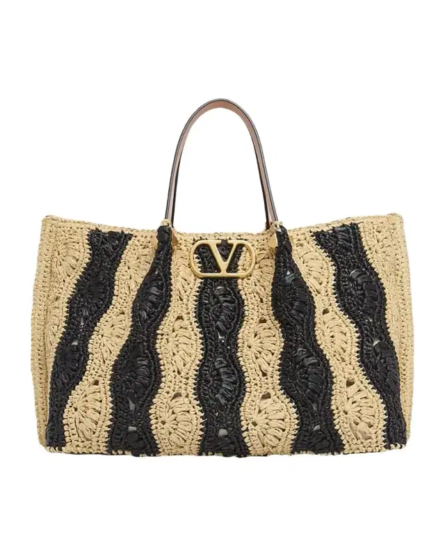 Valentino Garavani Medium Wavy Striped Viscose Raffia Tote Bag