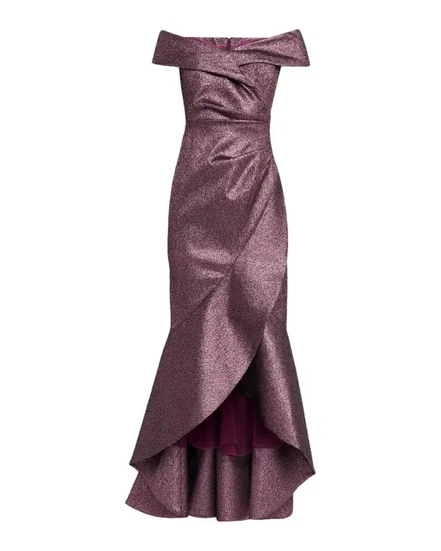 Rickie Freeman for Teri Jon Metallic Jacquard Ruffle High-Low Off-Shoulder Gown