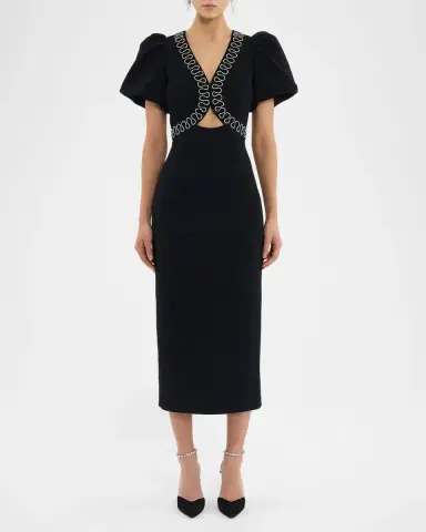 Rebecca Vallance Nyx Puff-Sleeve Diamante Cutout Midi Dress | Thumbnail 2