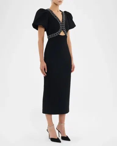 Rebecca Vallance Nyx Puff-Sleeve Diamante Cutout Midi Dress | Thumbnail 5