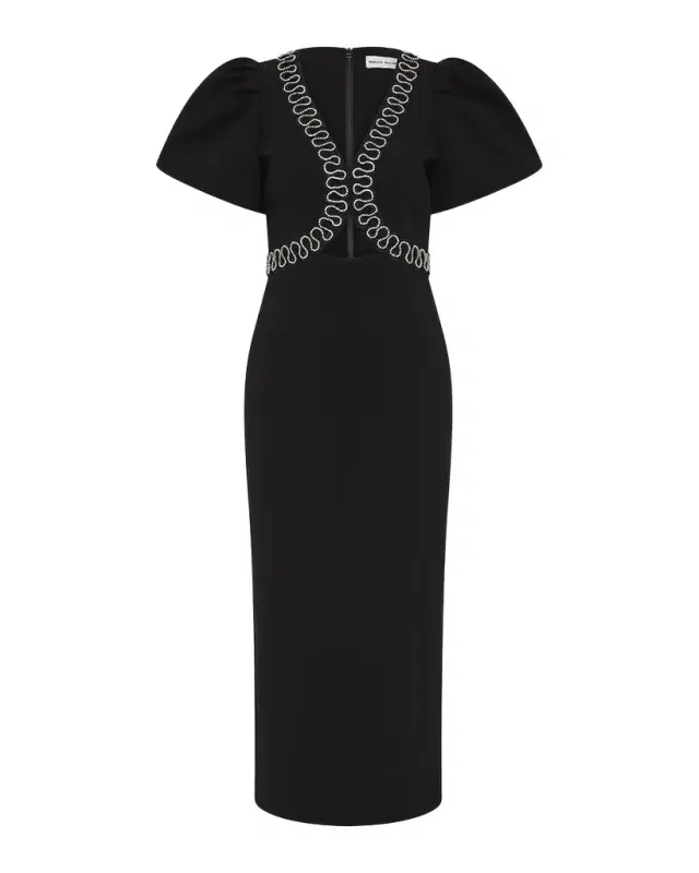 REBECCA VALLANCE Nyx Puff-Sleeve Diamante Cutout Midi Dress