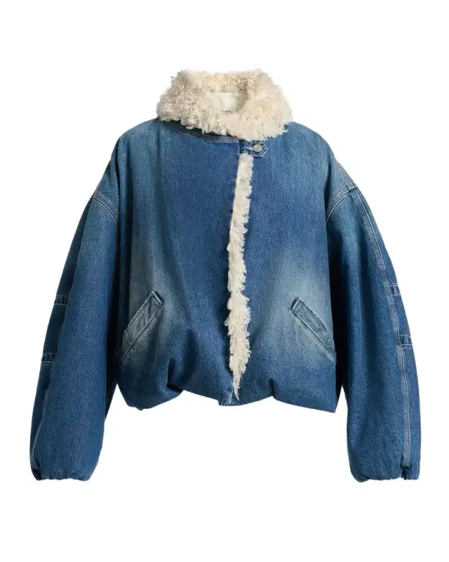 Isabel Marant Charone Short Denim Jacket with Faux Fur Trim