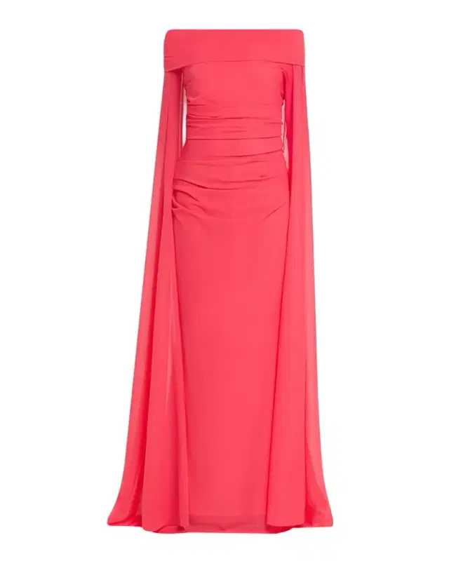 Talbot Runhof Ruched Off-The-Shoulder Mesh Cape Gown