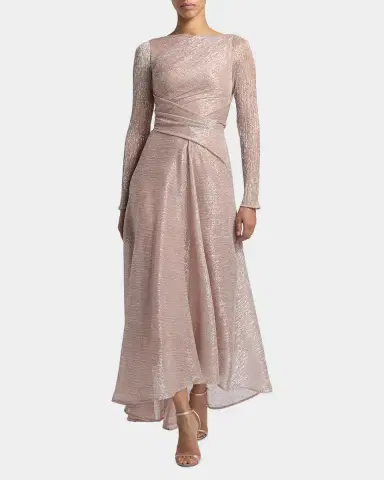 Talbot Runhof Metallic Draped Long-Sleeve High-Low Dress | Thumbnail 2 Talbot Runhof Metallic Draped Long-Sleeve High-Low Dress | Thumbnail 2