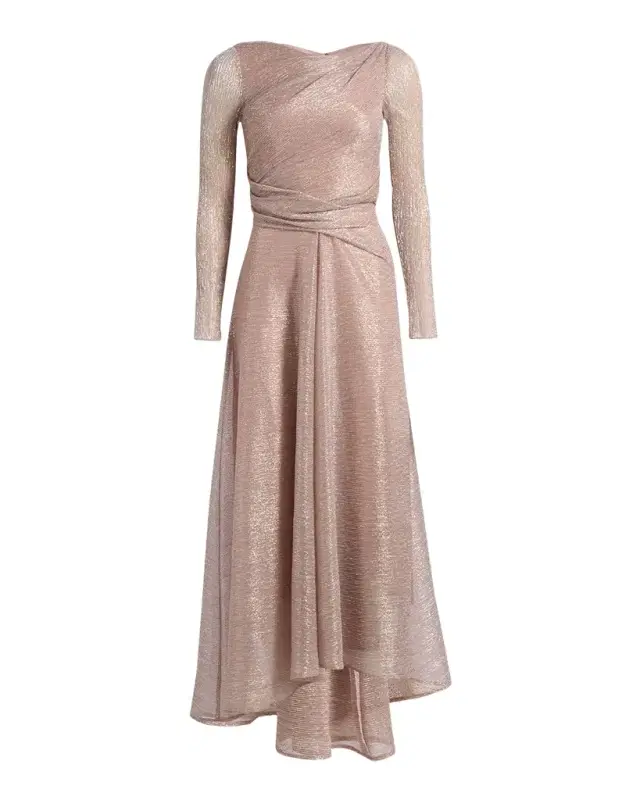 Metallic Draped Long-Sleeve High-Low Dress