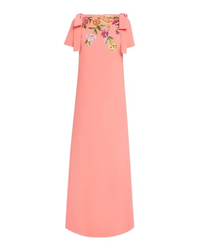 Embroidered Bow-Shoulder A-Line Gown