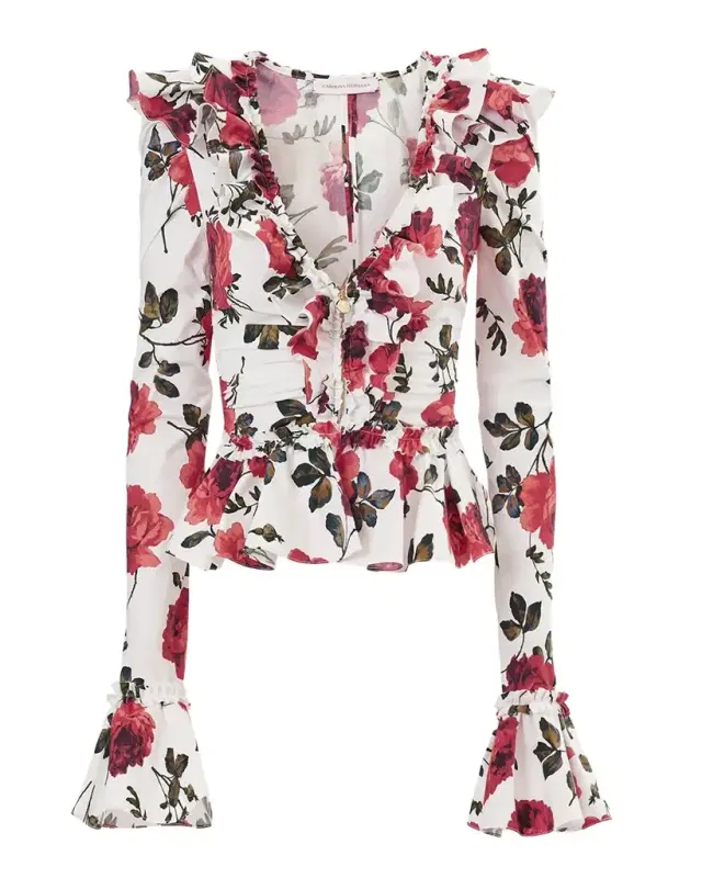 Floral Ruched Ruffle Peplum Blouse