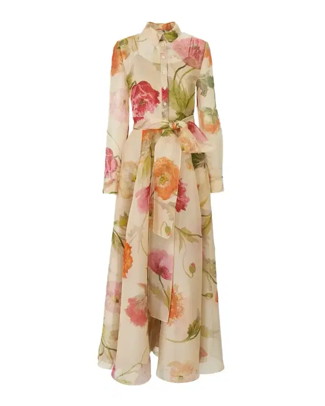 Floral Silk Organza Belted Long-Sleeve Maxi Trench Dress