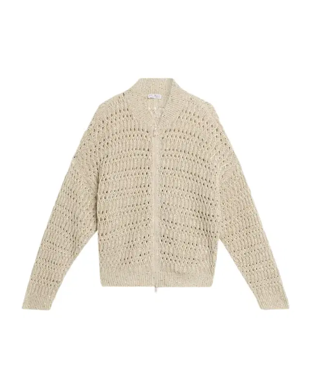 Paillette Linen Open-Knit Zip Cardigan