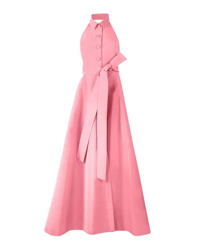 Sleeveless Collared Halter Gown With Belt