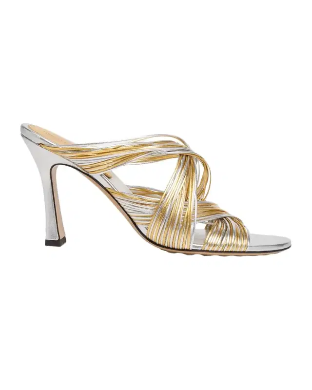 Bottega Veneta 90mm Rana Metallic Leather Tubular Mules