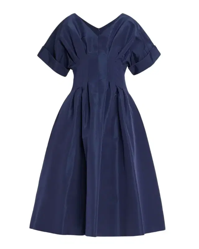V-Neck Pleated Short-Sleeve Midi Dress