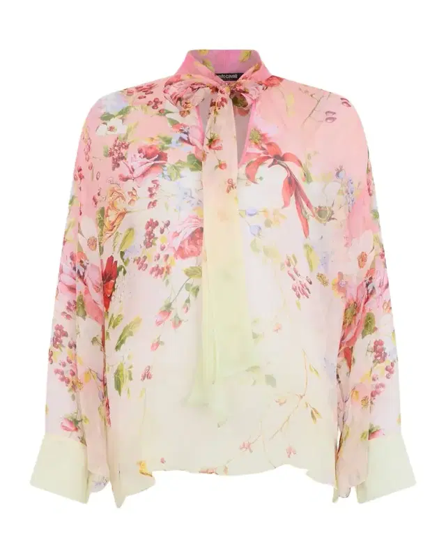 Miami Flowers Print Chiffon Neck-Tie Blouse