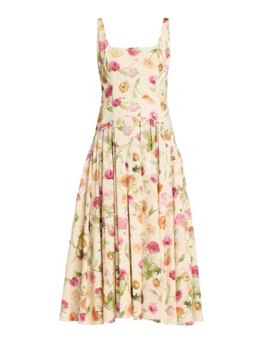 Carolina Herrera Floral Sleeveless Drop-Waist Pleated Midi Dress | Thumbnail 1 Carolina Herrera Floral Sleeveless Drop-Waist Pleated Midi Dress | Thumbnail 1
