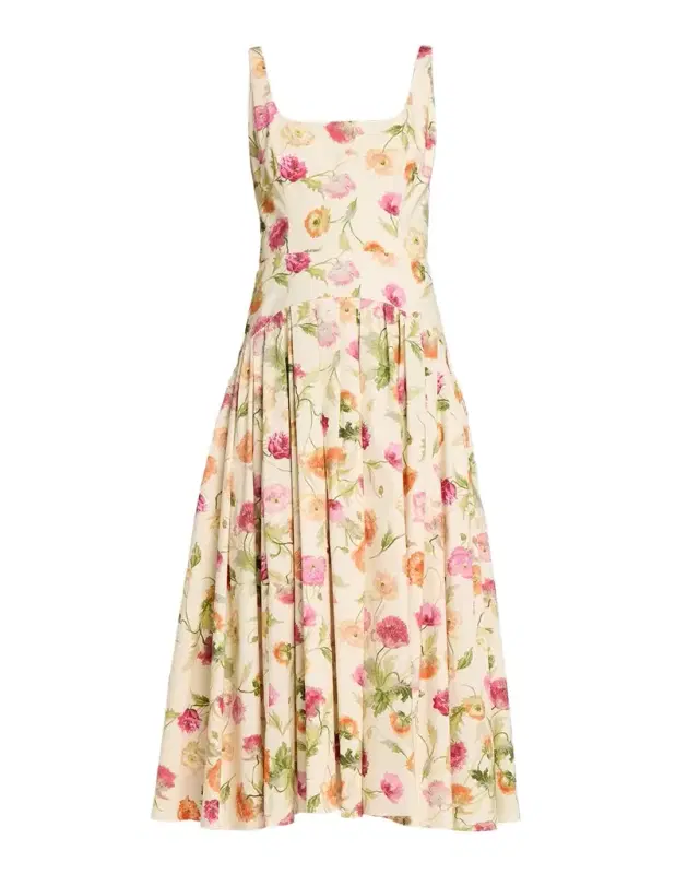 Floral Sleeveless Drop-Waist Pleated Midi Dress