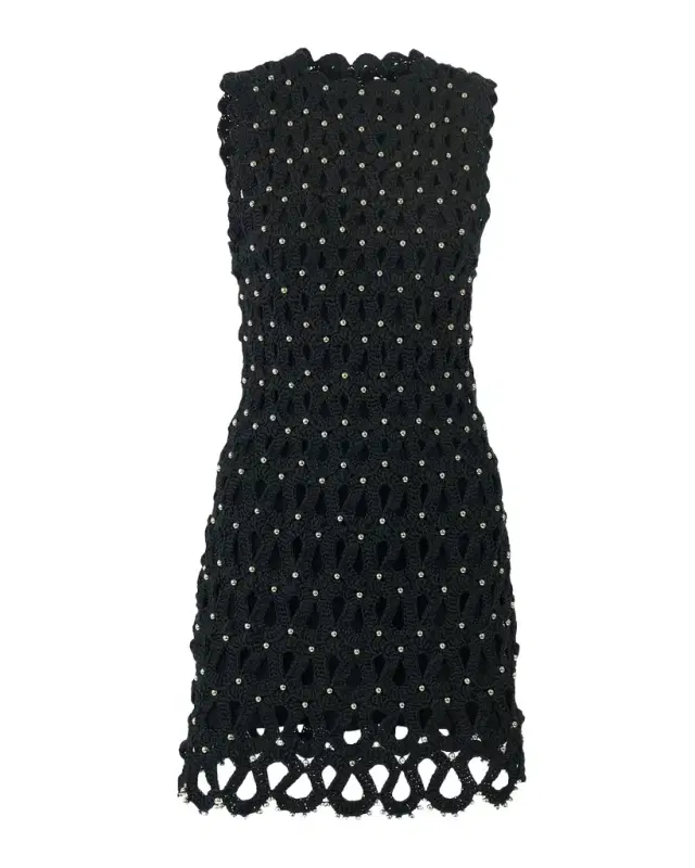 Embellished Crochet Knit Sleeveless Mini Dress