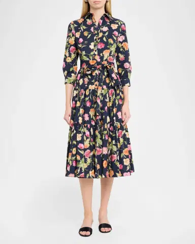 Carolina Herrera Belted 3/4-Sleeve Floral Cotton Midi Shirt Dress | Thumbnail 2