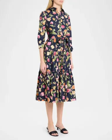 Carolina Herrera Belted 3/4-Sleeve Floral Cotton Midi Shirt Dress | Thumbnail 4