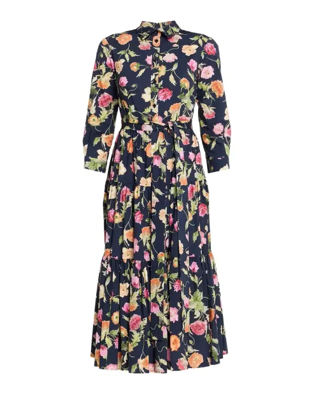 Belted 3/4-Sleeve Floral Cotton Midi Shirt Dress