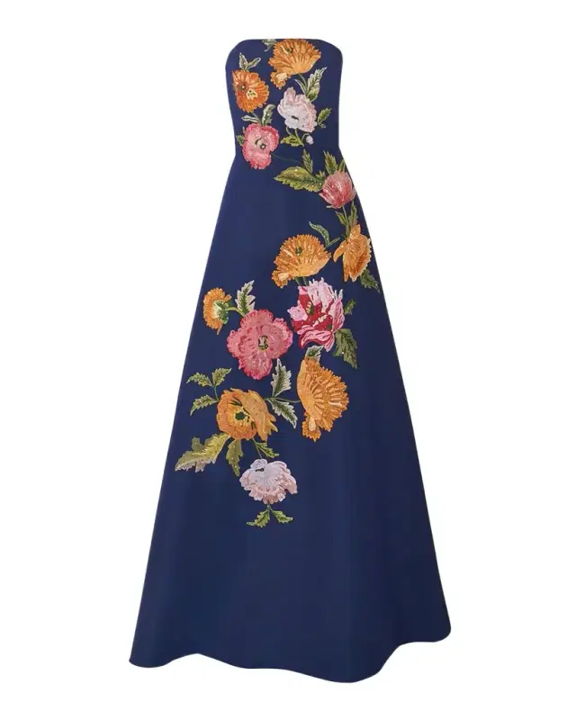 Strapless Floral Embroidered A-Line Gown