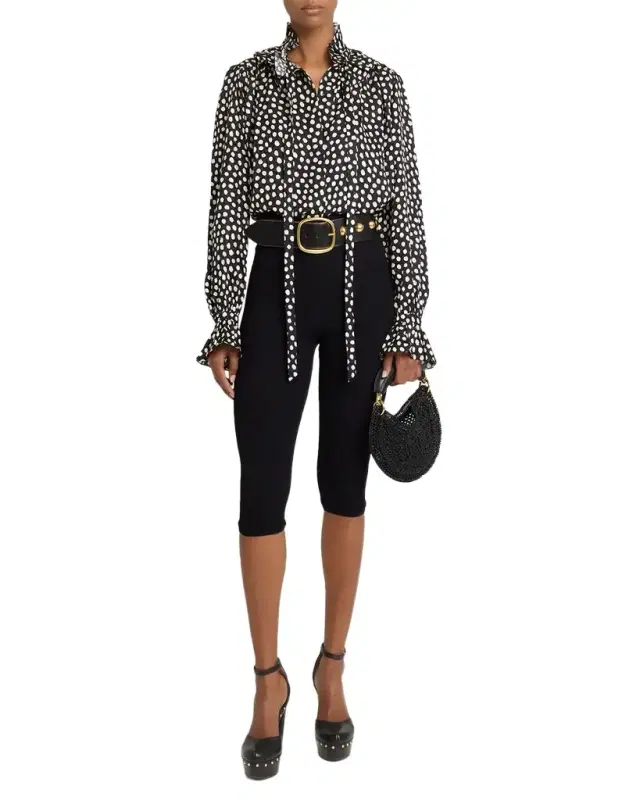 Chloe Dots-Print Silk Jacquard Ruffle Blouse