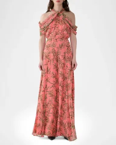 Carolina Herrera Iris Olive-Printed Wide-Leg Silk Chiffon Pants | Thumbnail 2