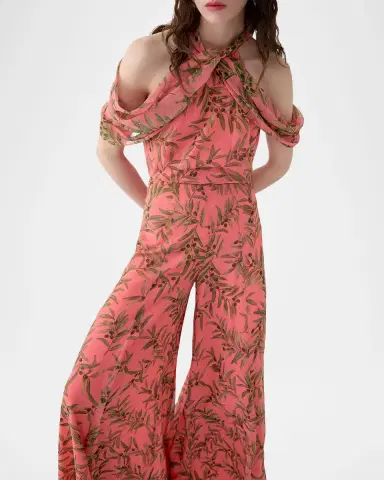 Carolina Herrera Iris Olive-Printed Wide-Leg Silk Chiffon Pants | Thumbnail 4