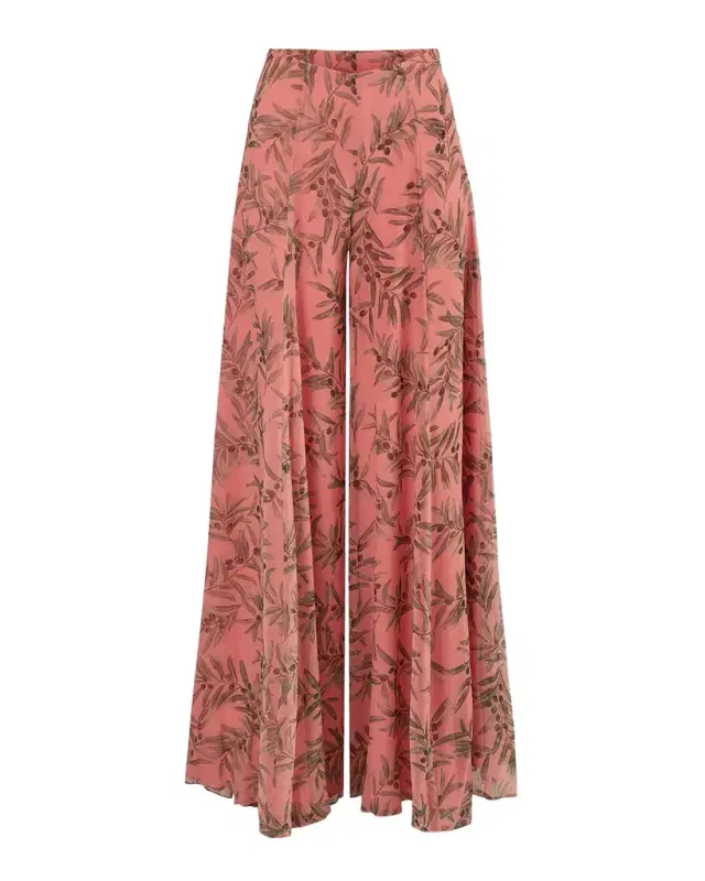 Iris Olive-Printed Wide-Leg Silk Chiffon Pants
