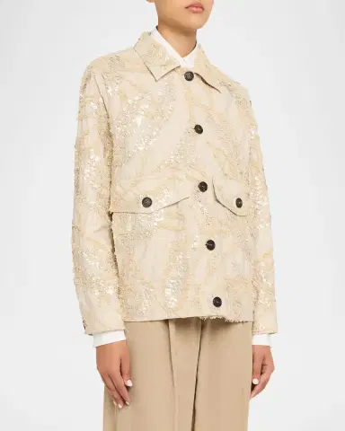 Brunello Cucinelli Embroidered Techno Cotton Poplin Deconstructed Shacket | Thumbnail 4