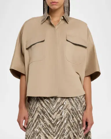 Brunello Cucinelli Crispy Techno Cotton Oversized Utility Shirt With Monili Trim | Thumbnail 4