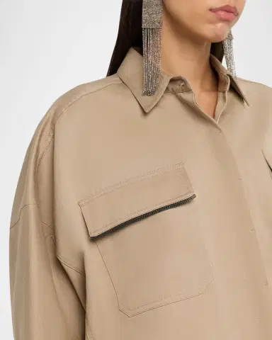 Brunello Cucinelli Crispy Techno Cotton Oversized Utility Shirt With Monili Trim | Thumbnail 5