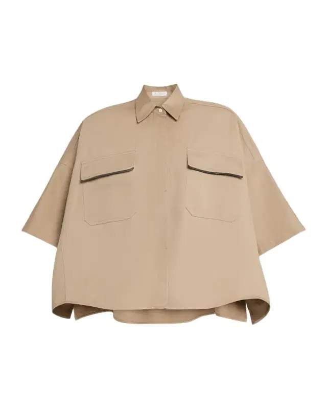 Crispy Techno Cotton Oversized Utility Shirt With Monili Trim