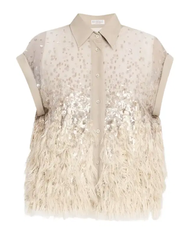 Brunello Cucinelli Sequin & Feather Silk Chiffon Blouse