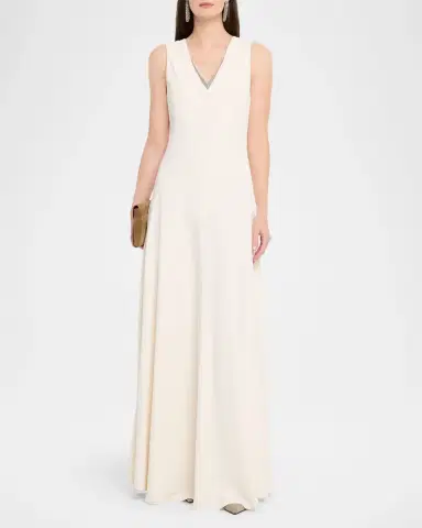 Brunello Cucinelli Monili V-Neck Sleeveless Crepe Cady Maxi Dress | Thumbnail 2
