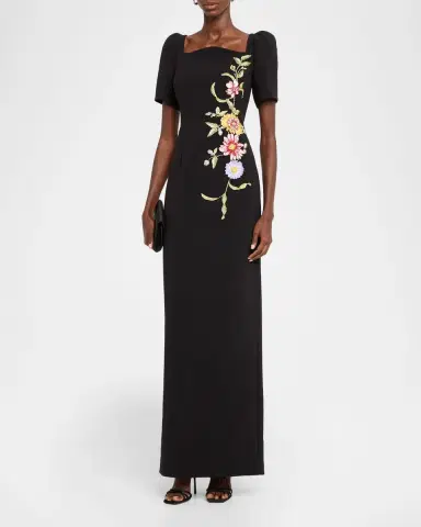 Rickie Freeman for Teri Jon Scalloped Crepe Short-Sleeve Embroidered Gown | Thumbnail 2 Rickie Freeman for Teri Jon Scalloped Crepe Short-Sleeve Embroidered Gown | Thumbnail 2