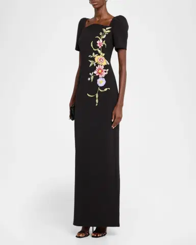 Rickie Freeman for Teri Jon Scalloped Crepe Short-Sleeve Embroidered Gown | Thumbnail 4 Rickie Freeman for Teri Jon Scalloped Crepe Short-Sleeve Embroidered Gown | Thumbnail 4