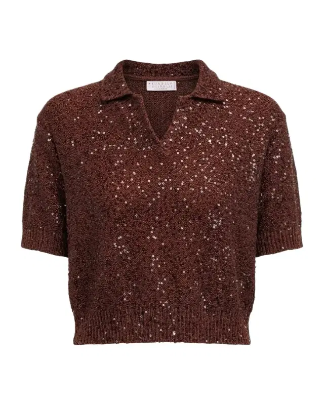 Paillette Linen-Cashmere Short-Sleeve Polo Sweater