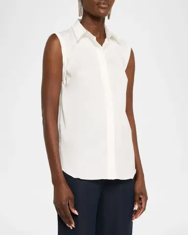 Brunello Cucinelli Cotton Poplin Sleeveless Top With Monili Trim | Thumbnail 4 Brunello Cucinelli Cotton Poplin Sleeveless Top With Monili Trim | Thumbnail 4