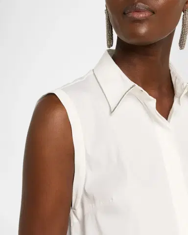 Brunello Cucinelli Cotton Poplin Sleeveless Top With Monili Trim | Thumbnail 5 Brunello Cucinelli Cotton Poplin Sleeveless Top With Monili Trim | Thumbnail 5