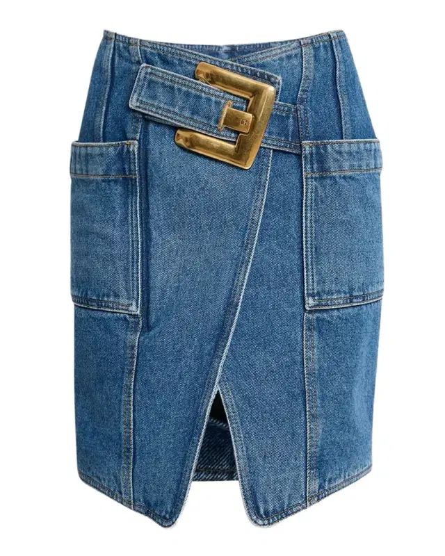 Belted Wrap Denim Mini Skirt