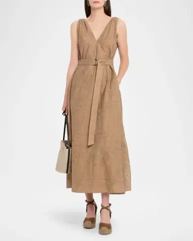 Brunello Cucinelli Sleeveless Cotton Poplin Jacquard Belted Midi Dress | Thumbnail 2 Brunello Cucinelli Sleeveless Cotton Poplin Jacquard Belted Midi Dress | Thumbnail 2