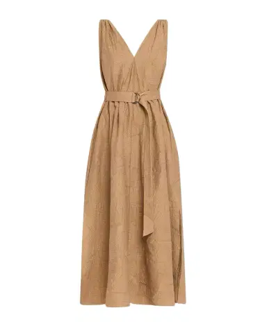 Brunello Cucinelli Sleeveless Cotton Poplin Jacquard Belted Midi Dress | Thumbnail 1 Brunello Cucinelli Sleeveless Cotton Poplin Jacquard Belted Midi Dress | Thumbnail 1