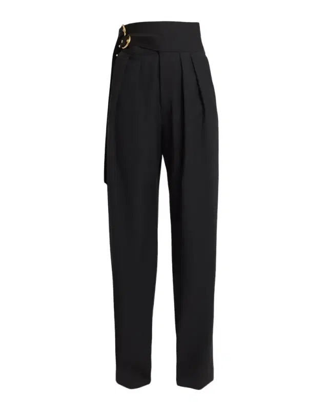 Double-Buckle Pleated Straight-Leg Trousers