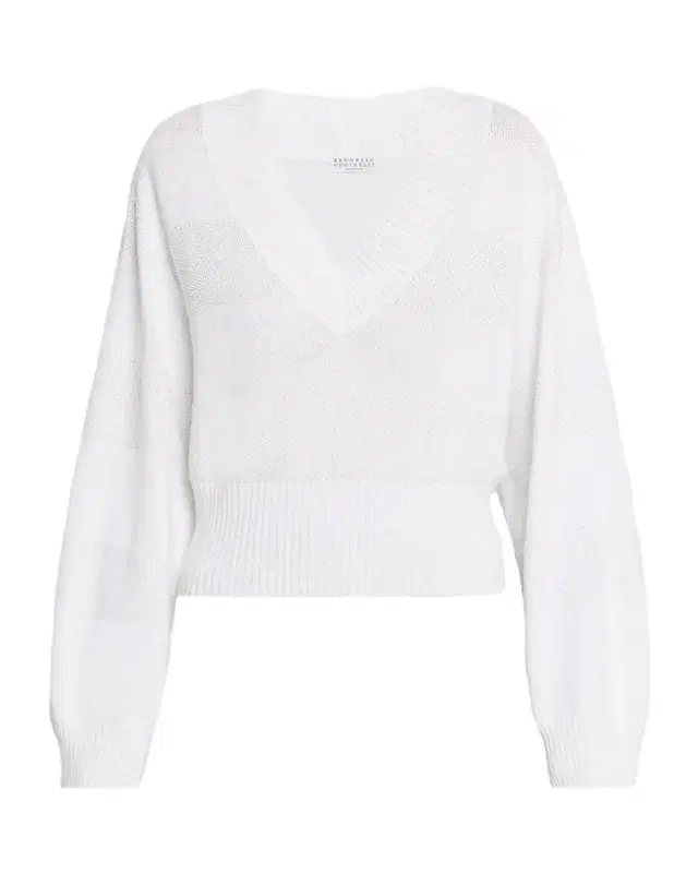 Paillette Striped Linen-Cotton Knit V-Neck Sweater