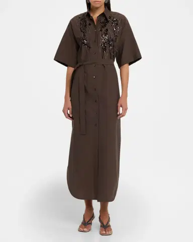 Brunello Cucinelli Sequin Embroidered Cotton Poplin Midi Shirtdress | Thumbnail 2
